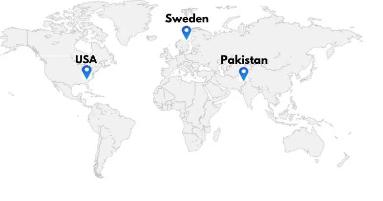 ExpertsCloud Global Locations - USA, Sweden, Pakistan